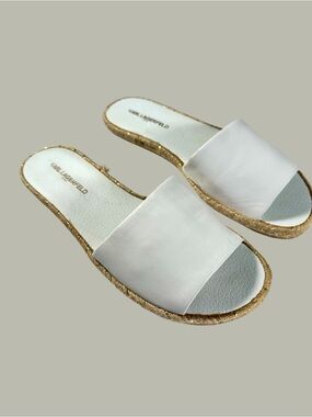 Karl Lagerfeld White Slide Sandals with Natural Jute Trim